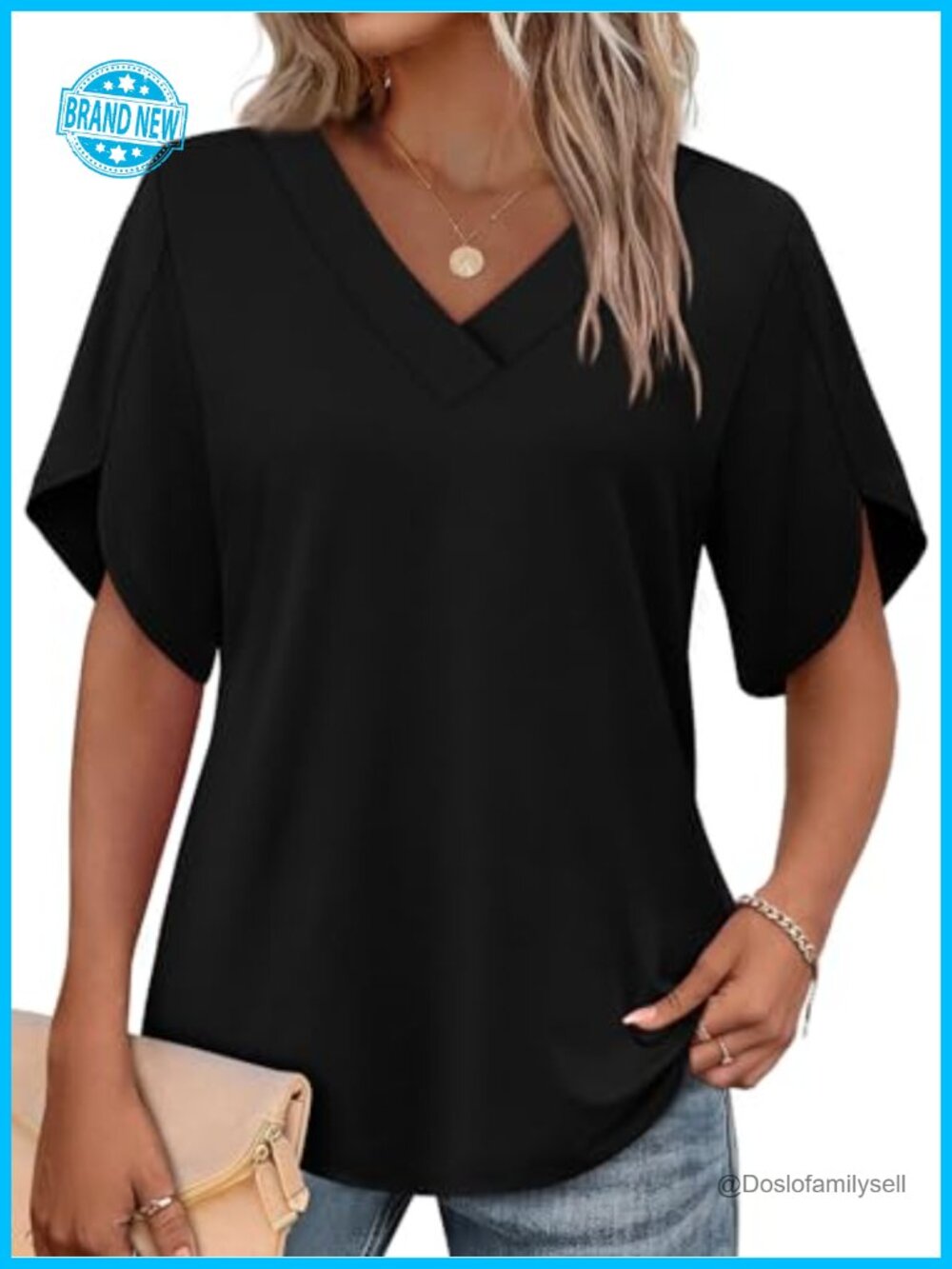 Womens Summer Top Split Petal Sleeve V Neck Loose Fit Casual T-Shirt